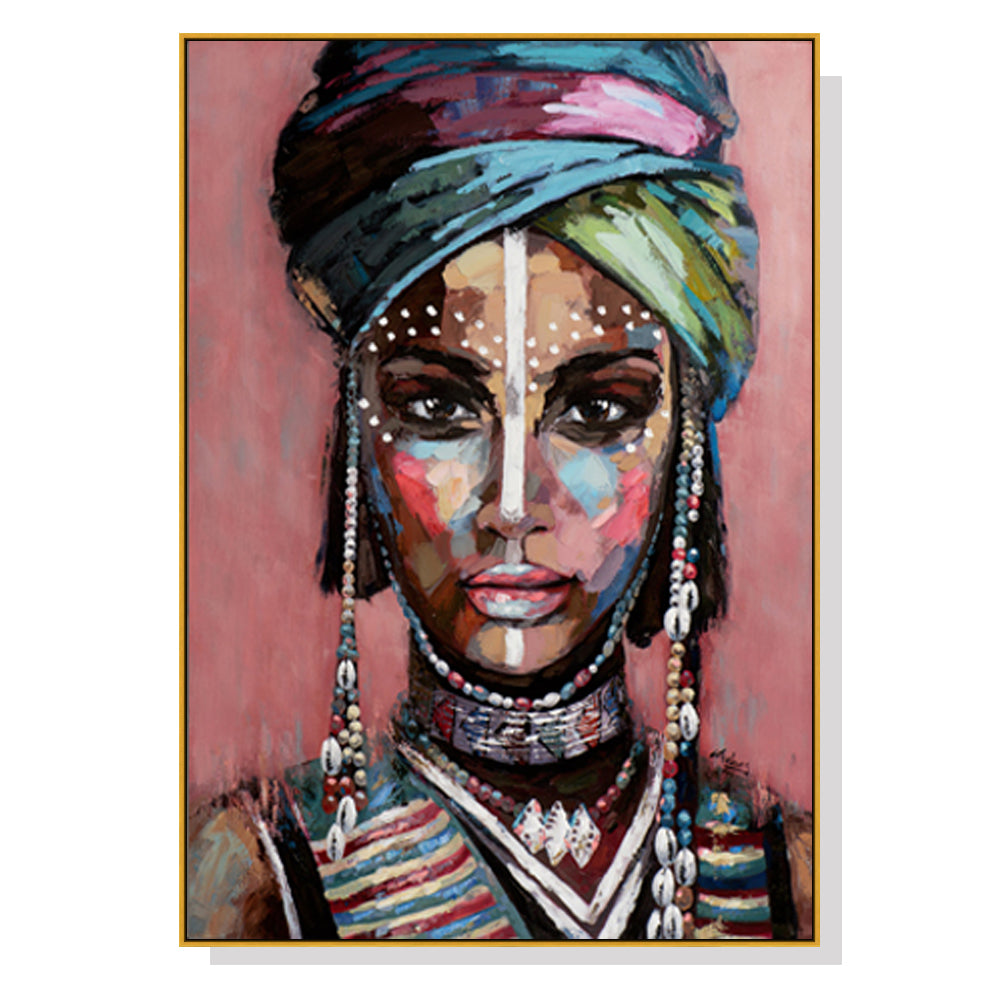 50cmx70cm African Woman II canvas wall art in a gold frame, showcasing vibrant colors and intricate details.